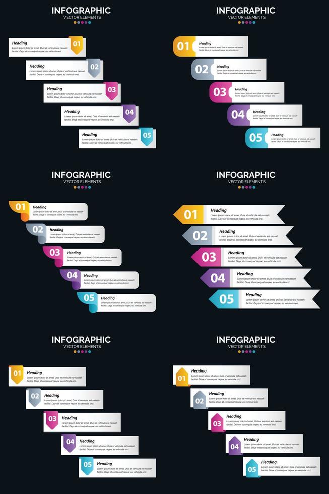 plantilla de diapositiva de presentación del paquete de infografías vectoriales 6 diagramas de ciclo de 5 pasos y líneas de tiempo vector