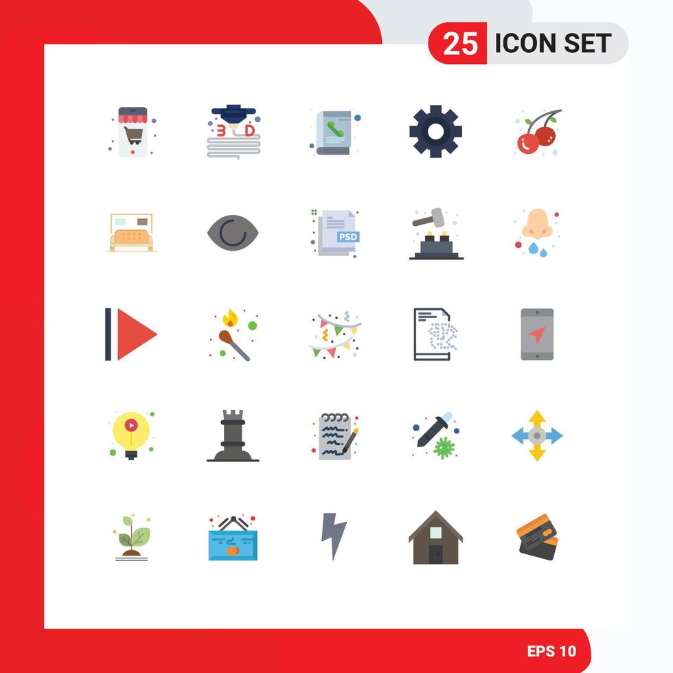 Flat Color Pack of 25 Universal Symbols of fruit food directory science gear Editable Vector Design Elements