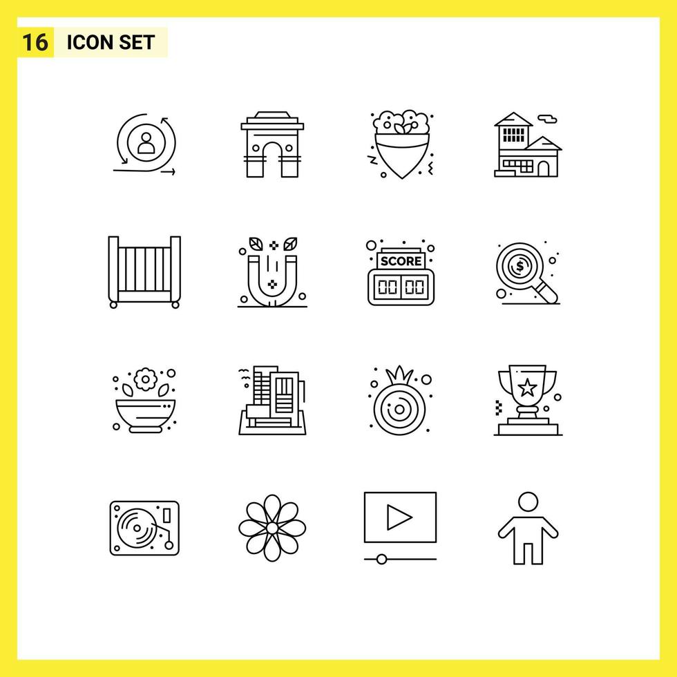 Mobile Interface Outline Set of 16 Pictograms of building bank indian crepe food Editable Vector Design Elements