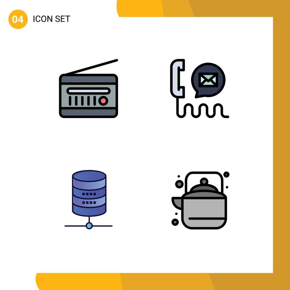 Pack of 4 creative Filledline Flat Colors of audio broadcasting mail radio receiver contact server Editable Vector Design Elements