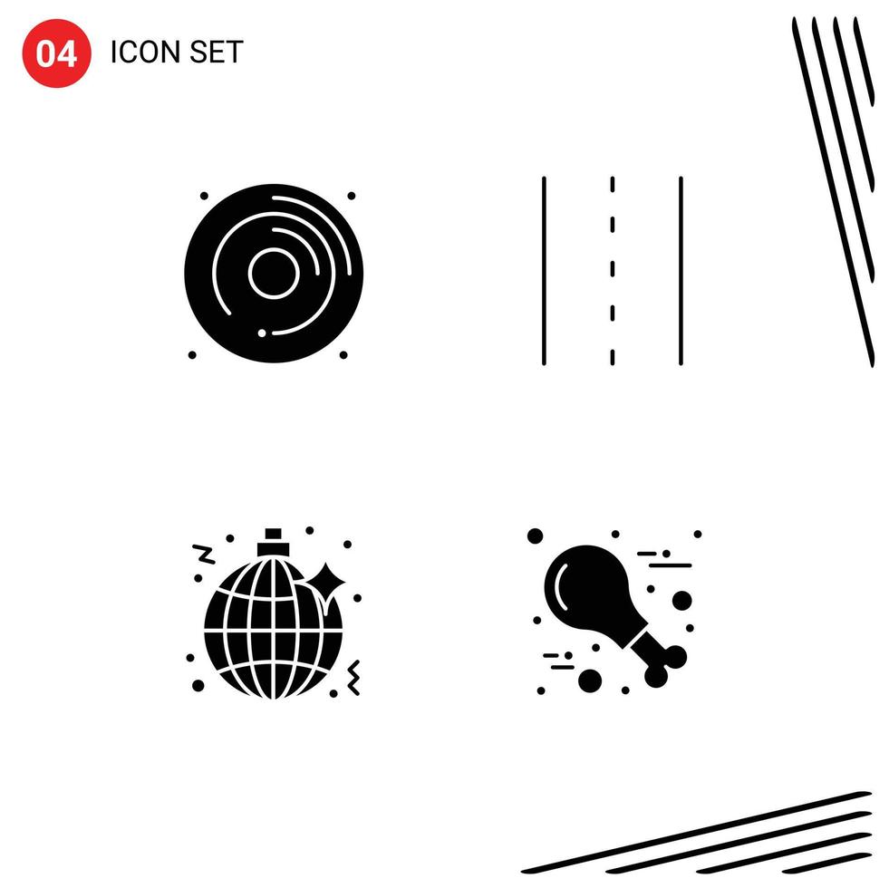 Pack of 4 creative Solid Glyphs of cd disco hobby lines night Editable Vector Design Elements