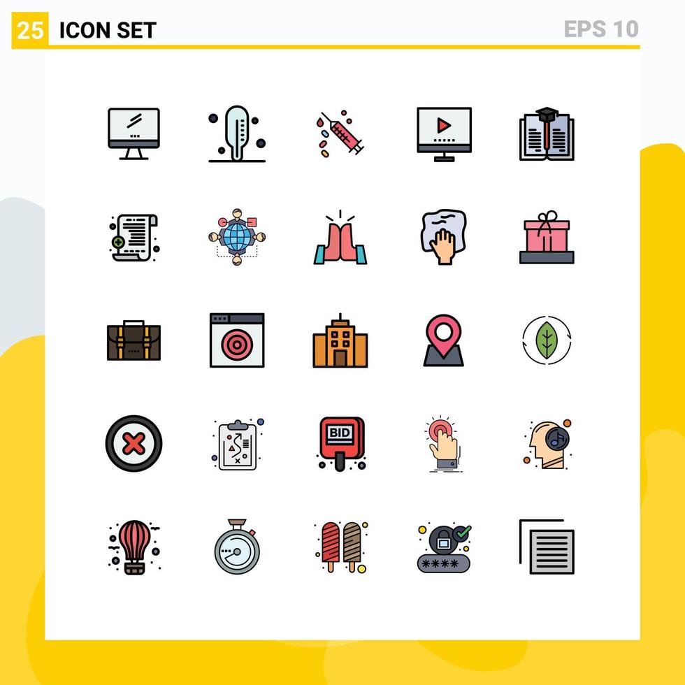 Universal Icon Symbols Group of 25 Modern Filled line Flat Colors of book video syringe tv image Editable Vector Design Elements