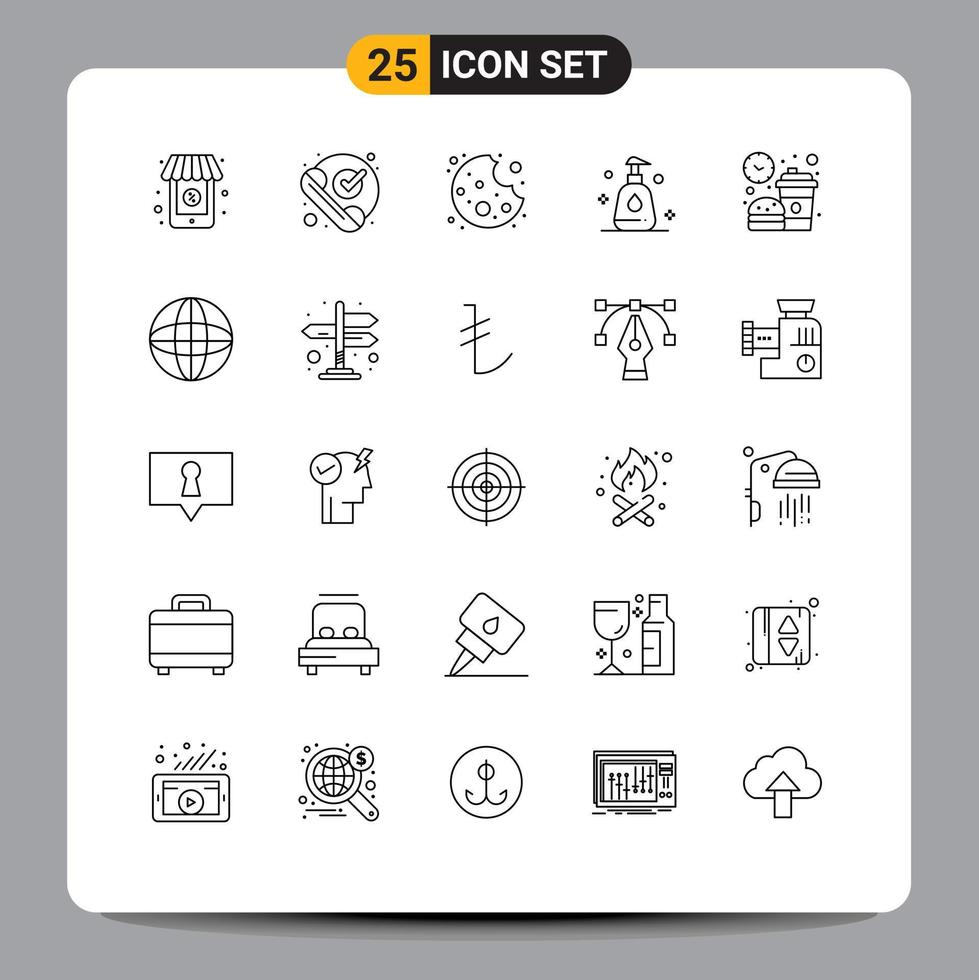 Universal Icon Symbols Group of 25 Modern Lines of lunch coffee bite break spray Editable Vector Design Elements