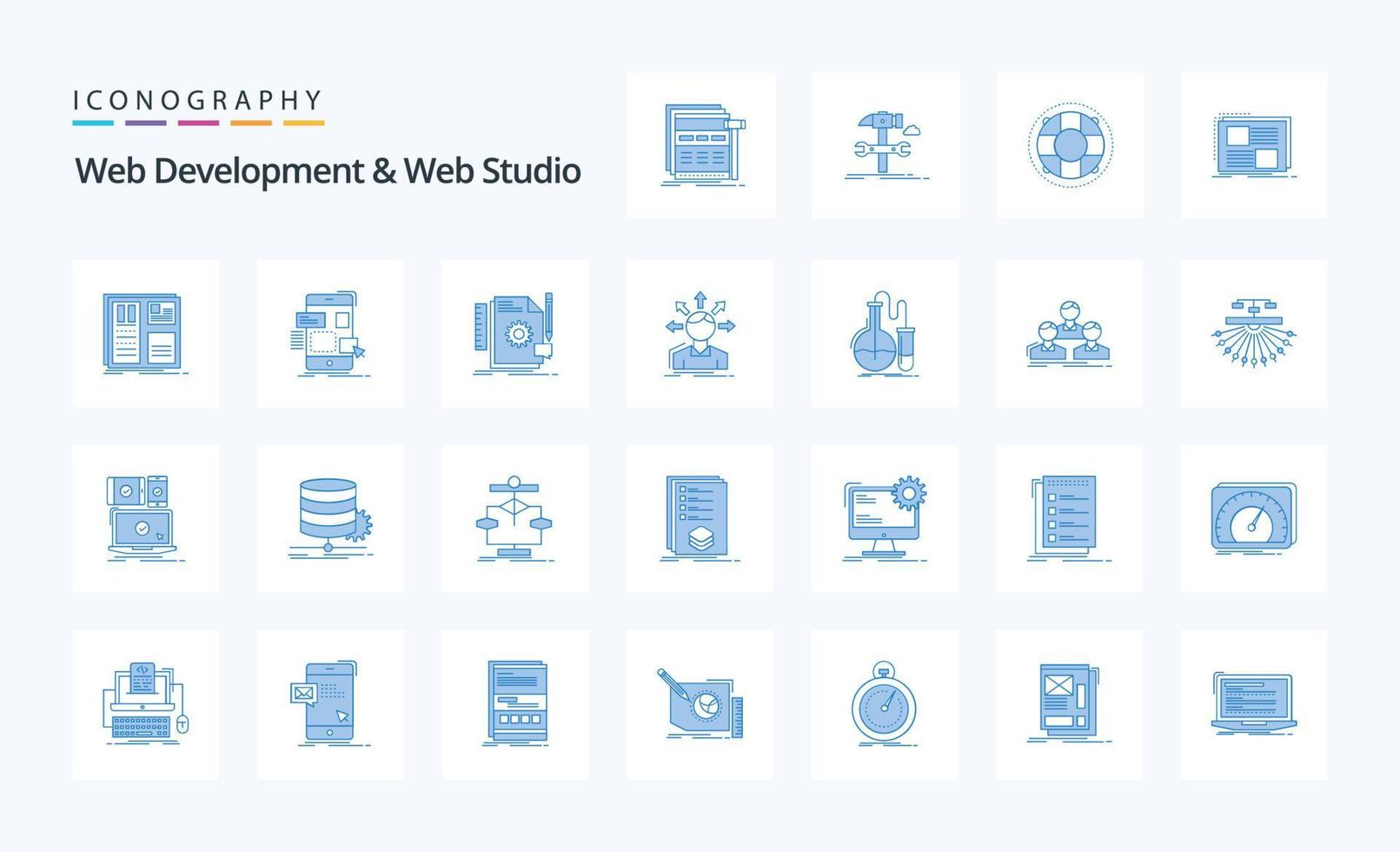 25 paquete de iconos azules de desarrollo web y estudio web vector