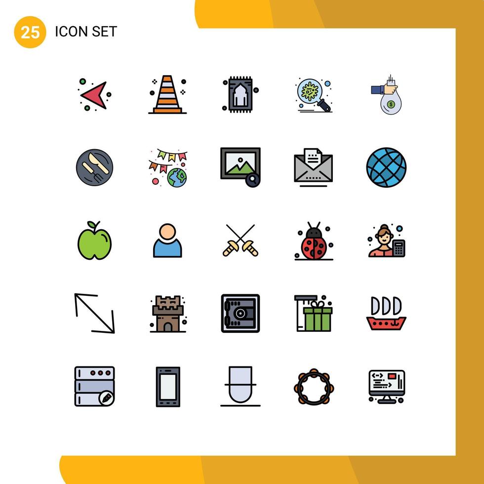 paquete de 25 modernos signos y símbolos de colores planos de línea rellena para medios de impresión web, como seguridad de bolsas, protección de oración, bacterias, elementos de diseño de vectores editables