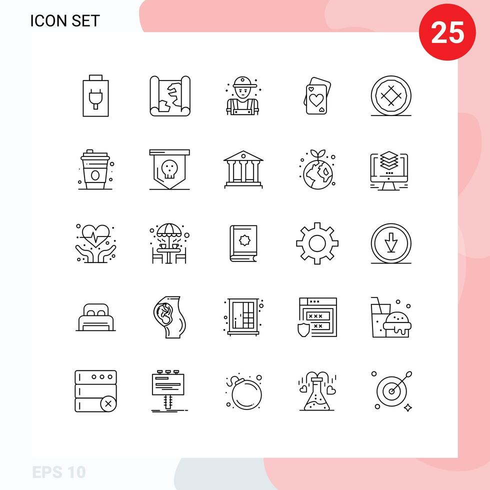 User Interface Pack of 25 Basic Lines of cake wedding mechanic heart card Editable Vector Design Elements