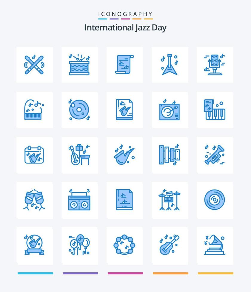 día internacional creativo del jazz 25 paquete de iconos azules como el piano. educación. guitarra. sonido. micrófono vector