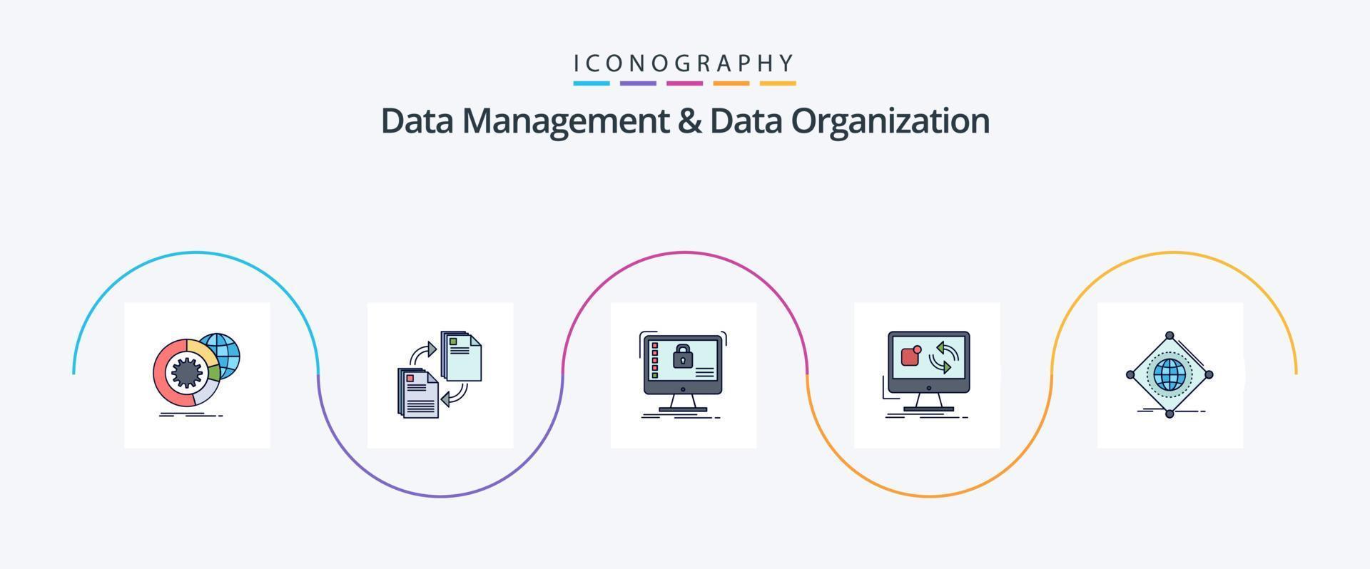 Data Management And Data Organization Line Filled Flat 5 Icon Pack Including application. update. document. data. safe vector