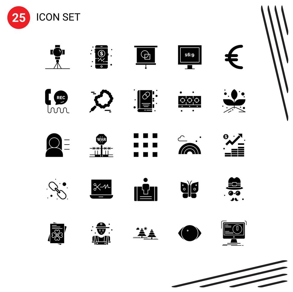 Modern Set of 25 Solid Glyphs Pictograph of finance currency device hd aspect ratio Editable Vector Design Elements