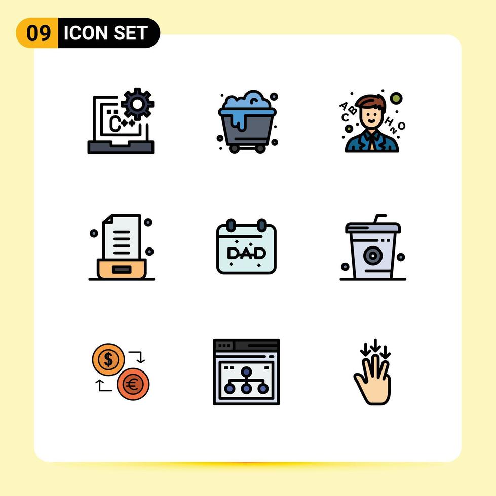 Mobile Interface Filledline Flat Color Set of 9 Pictograms of father calendar learn office letter Editable Vector Design Elements