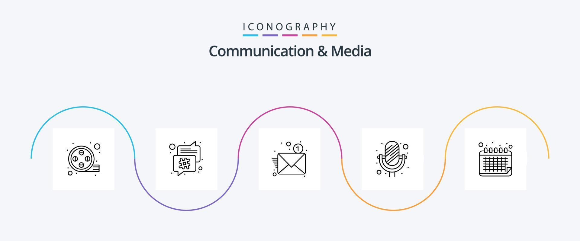 paquete de iconos de línea 5 de comunicación y medios que incluye fecha. grabador de sonido. Email. registro. micrófono vector