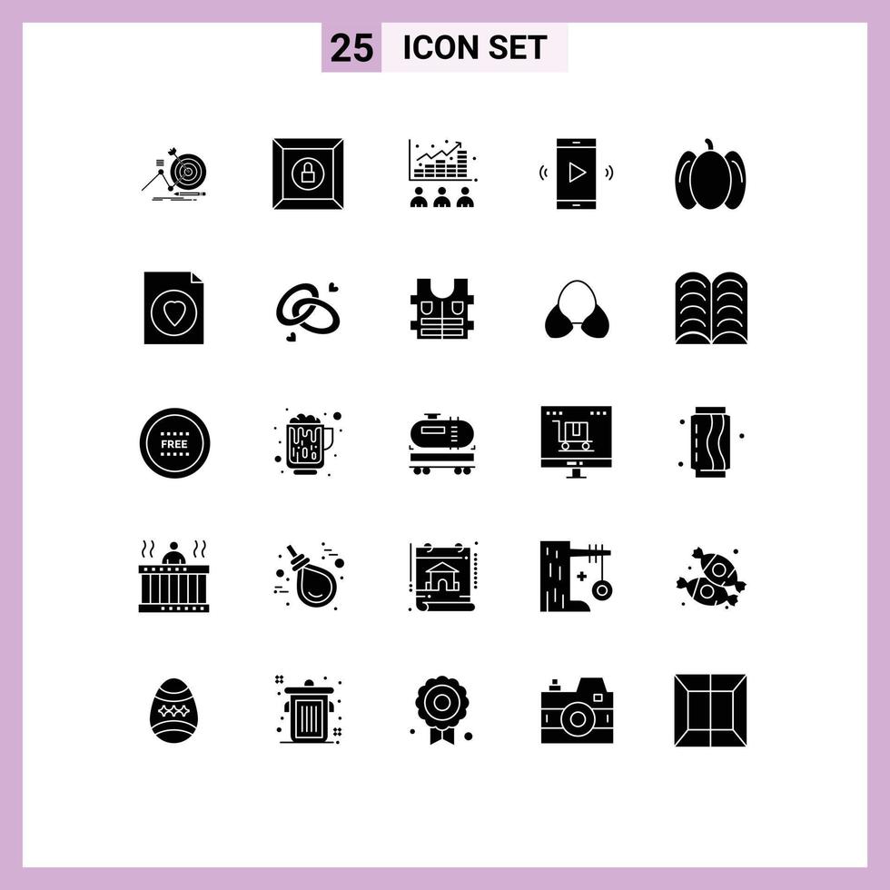 Mobile Interface Solid Glyph Set of 25 Pictograms of food speaker data open volume amplifier Editable Vector Design Elements
