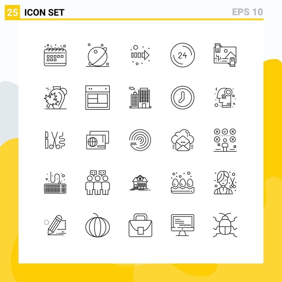 Pack of 25 Modern Lines Signs and Symbols for Web Print Media such as contibution contact system clock anytime Editable Vector Design Elements