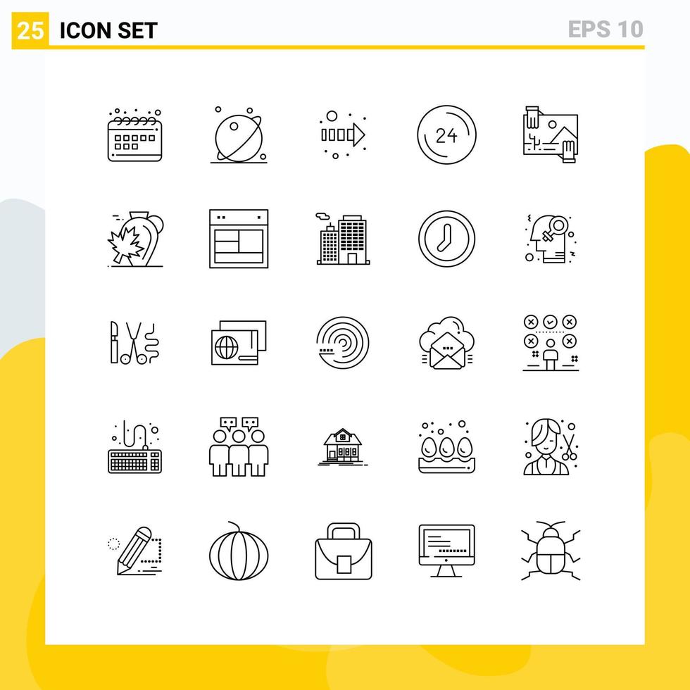 paquete de 25 signos y símbolos de líneas modernas para medios de impresión web, como el reloj del sistema de contacto de contribución en cualquier momento, elementos de diseño de vectores editables