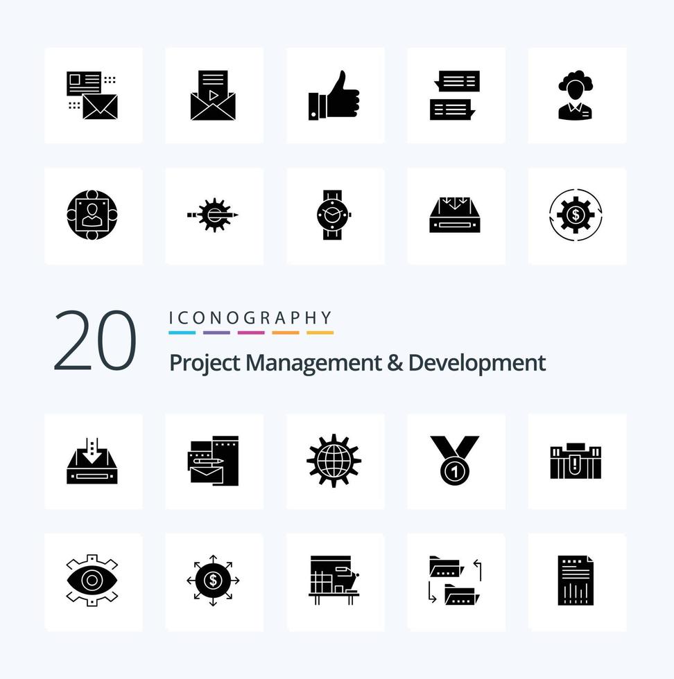 20 gestión y desarrollo de proyectos paquete de iconos de glifos sólidos como negocio de desarrollo de marca de engranajes mundiales vector