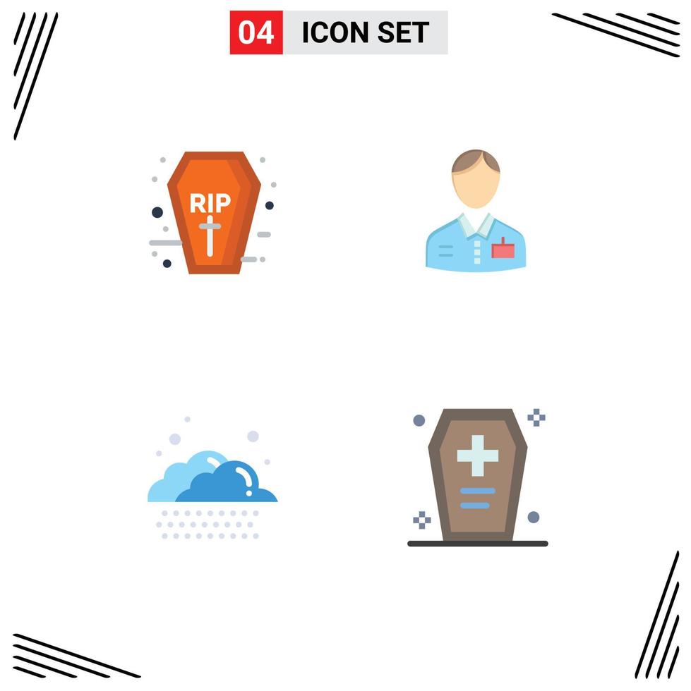 Set of 4 Commercial Flat Icons pack for coffin cloud rip doorman weather Editable Vector Design Elements