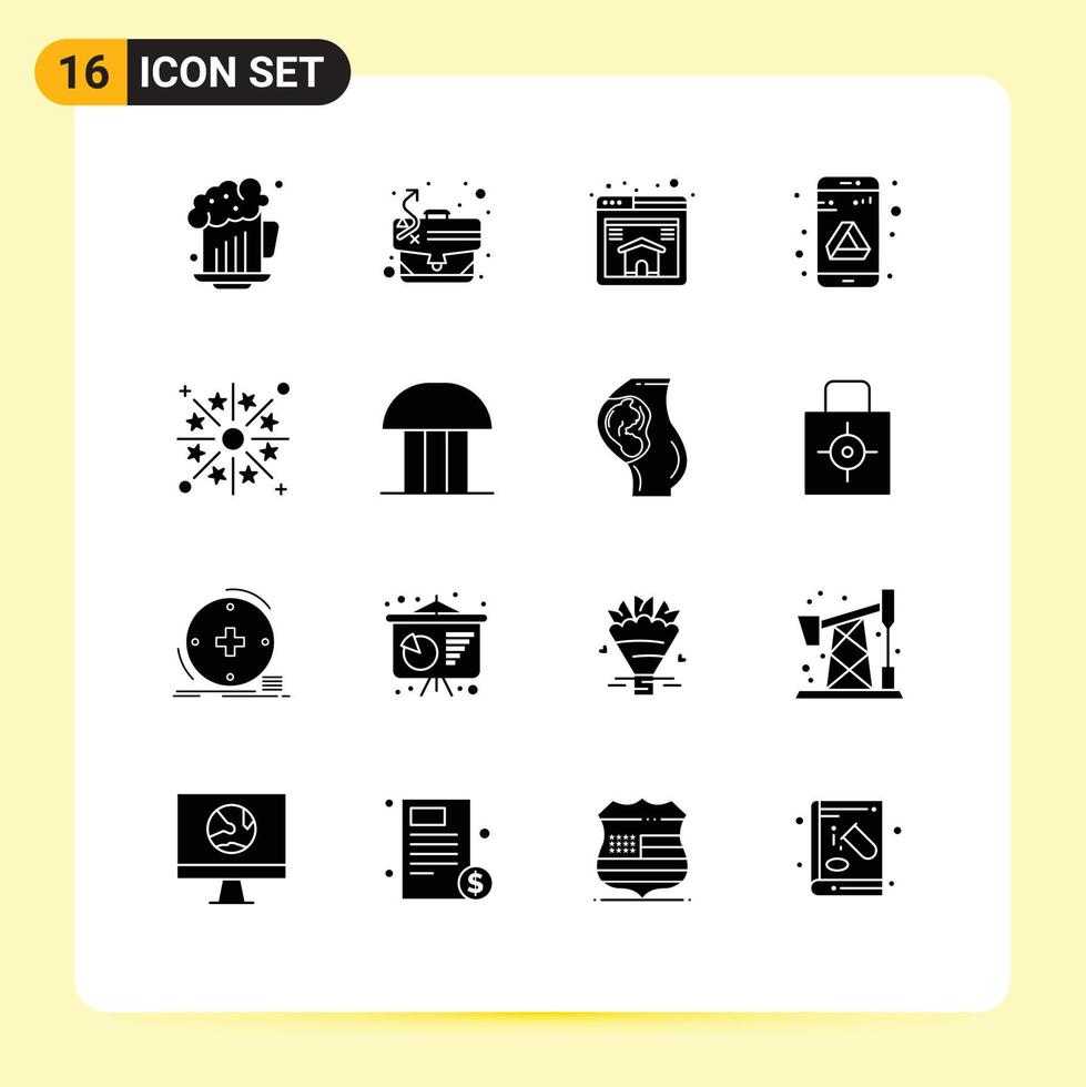 Universal Icon Symbols Group of 16 Modern Solid Glyphs of firework celebration home storage drive Editable Vector Design Elements