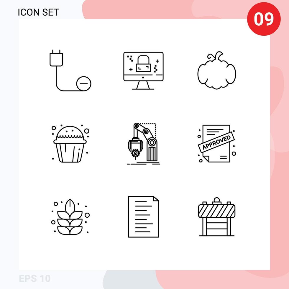 Mobile Interface Outline Set of 9 Pictograms of automation cup cake lock cup canada Editable Vector Design Elements