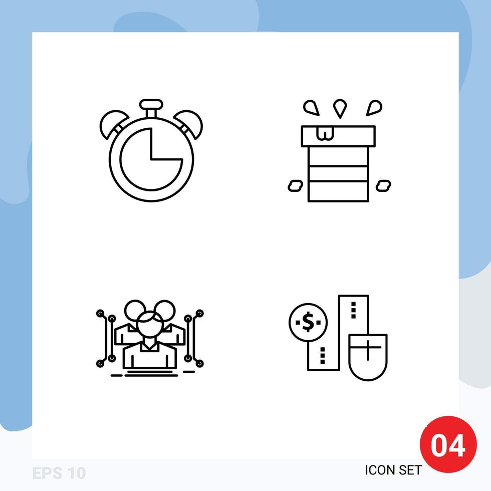 Pack of 4 Modern Filledline Flat Colors Signs and Symbols for Web Print Media such as alarm anthropometry timer miscellaneous data Editable Vector Design Elements
