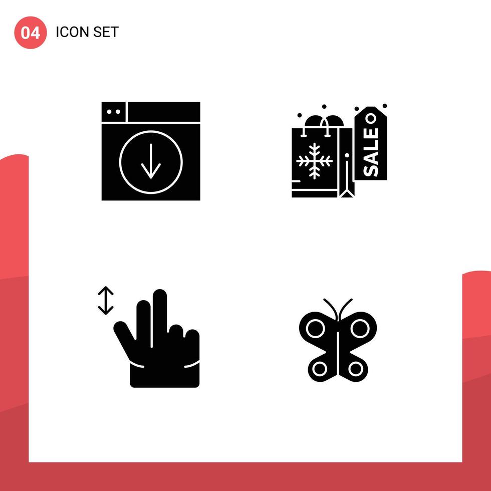 Mobile Interface Solid Glyph Set of 4 Pictograms of web hand down shopping butterfly Editable Vector Design Elements