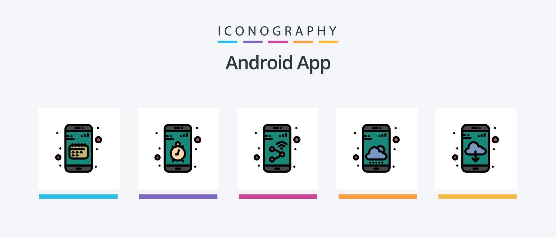 La línea de la aplicación de Android llenó el paquete de 5 íconos, incluida la notificación. aplicación aplicación ui controlar. diseño de iconos creativos vector