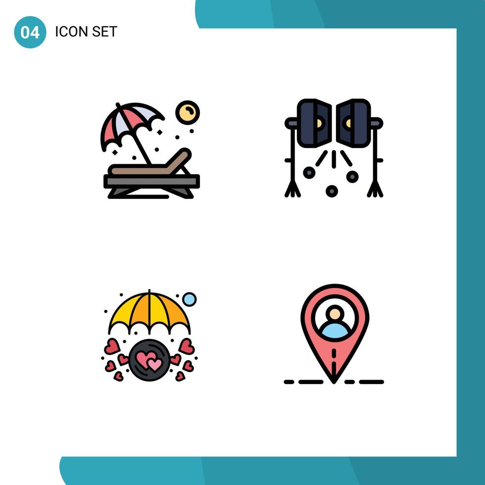 4 Universal Filledline Flat Color Signs Symbols of beach studio lights sun lights in love Editable Vector Design Elements