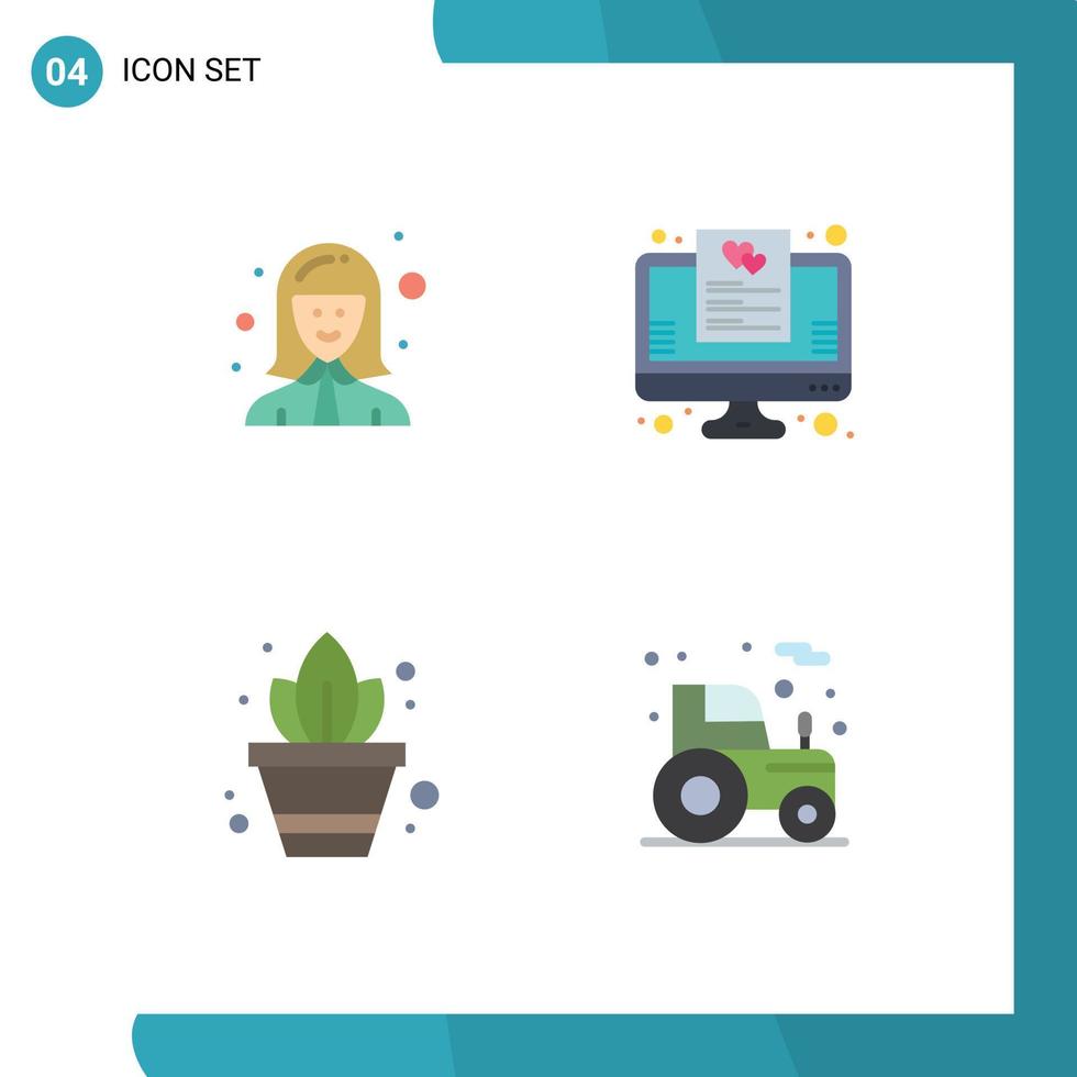 Set of 4 Modern UI Icons Symbols Signs for avatar gardening lady favorite potted plant Editable Vector Design Elements