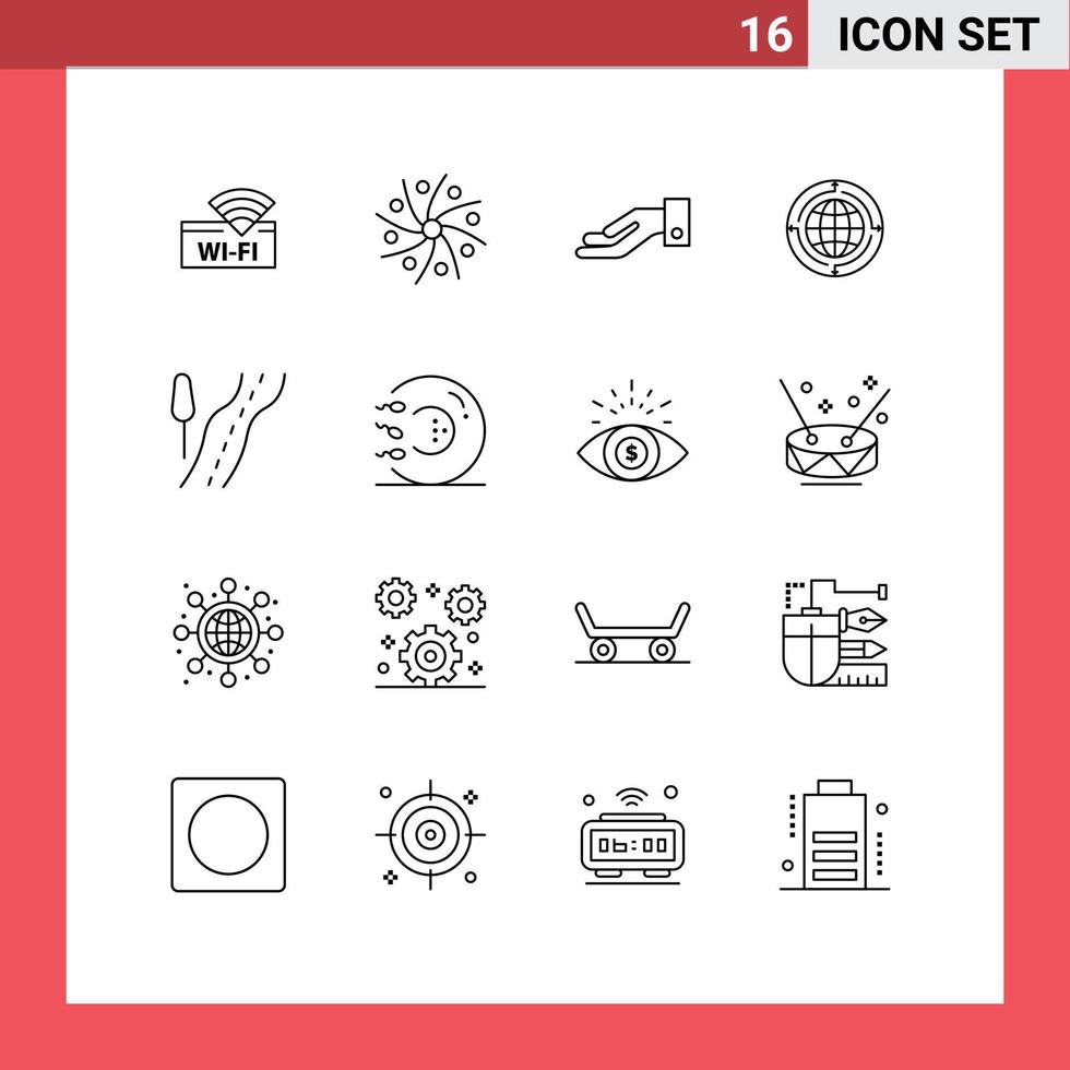 Group of 16 Modern Outlines Set for world connection universe communication globe Editable Vector Design Elements