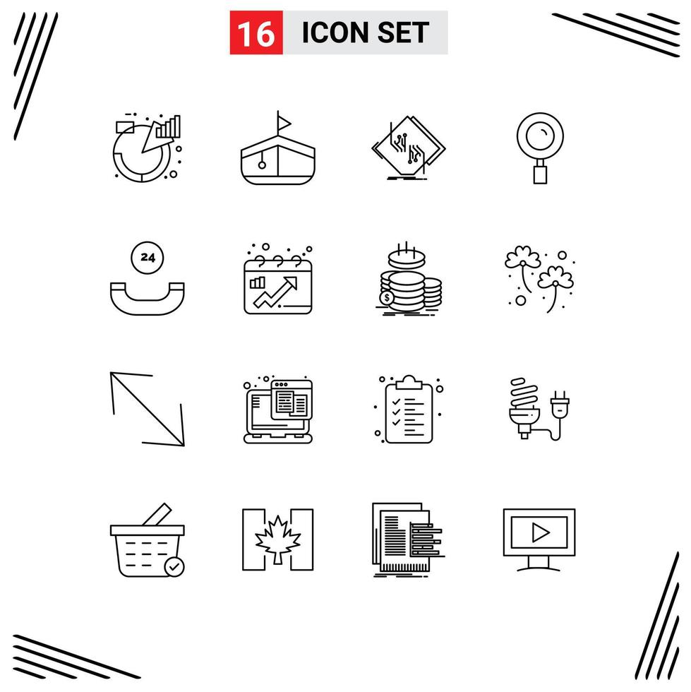 Set of 16 Modern UI Icons Symbols Signs for all time magnifying board magnifier electronic Editable Vector Design Elements