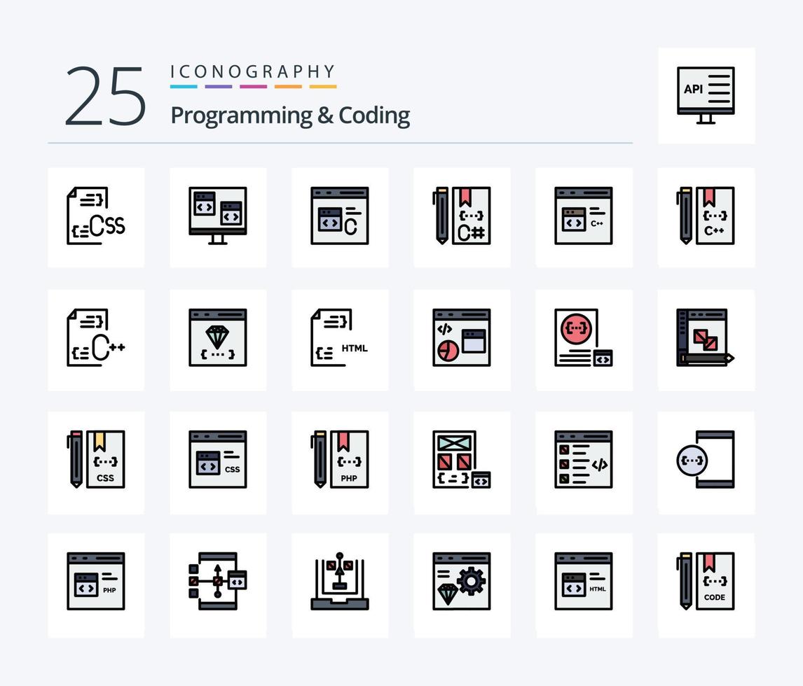 paquete de iconos llenos de 25 líneas de programación y codificación que incluye desarrollo. C. desarrollar. desarrollo. codificación vector