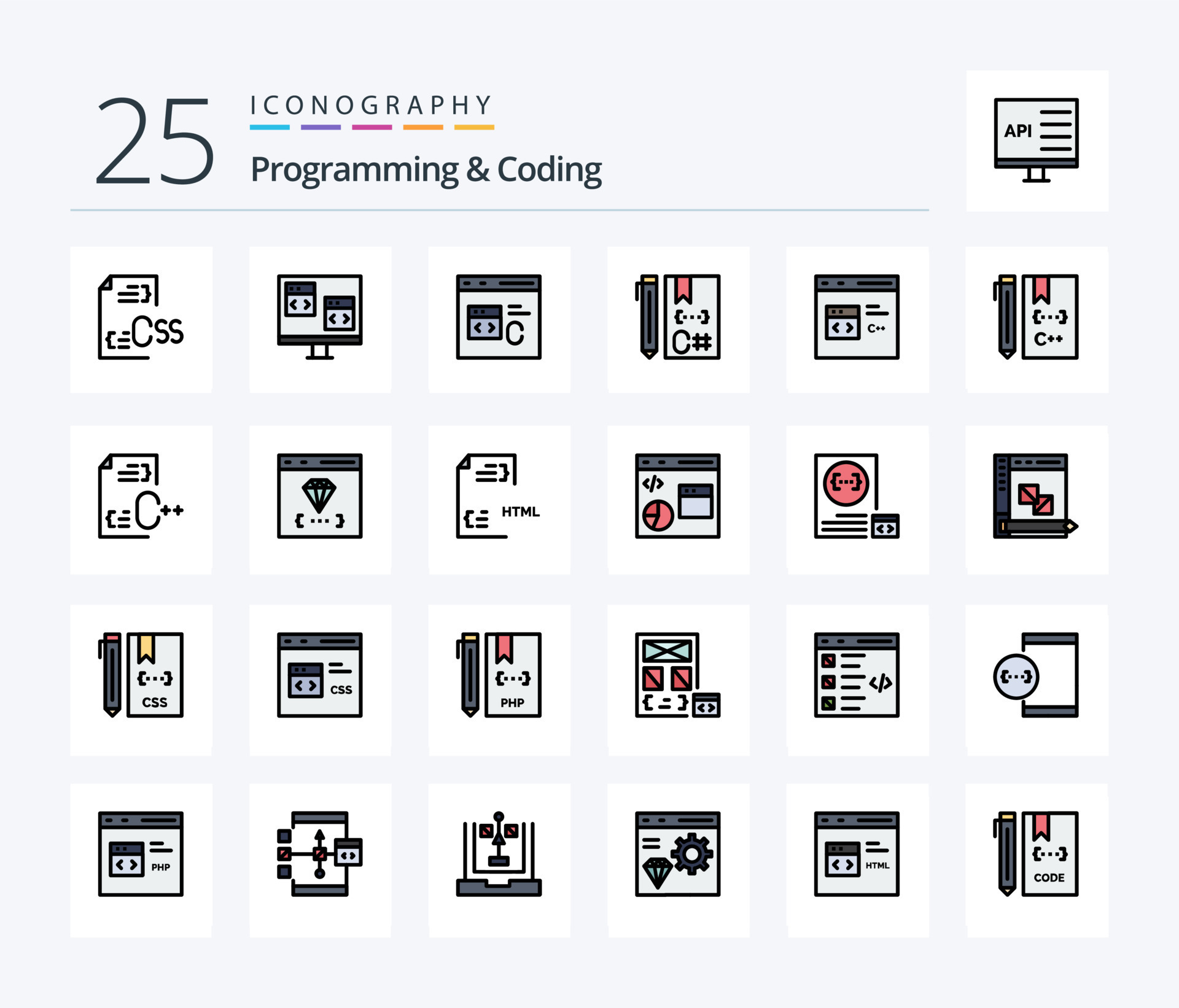 paquete de iconos llenos de 25 líneas de programación y codificación ...