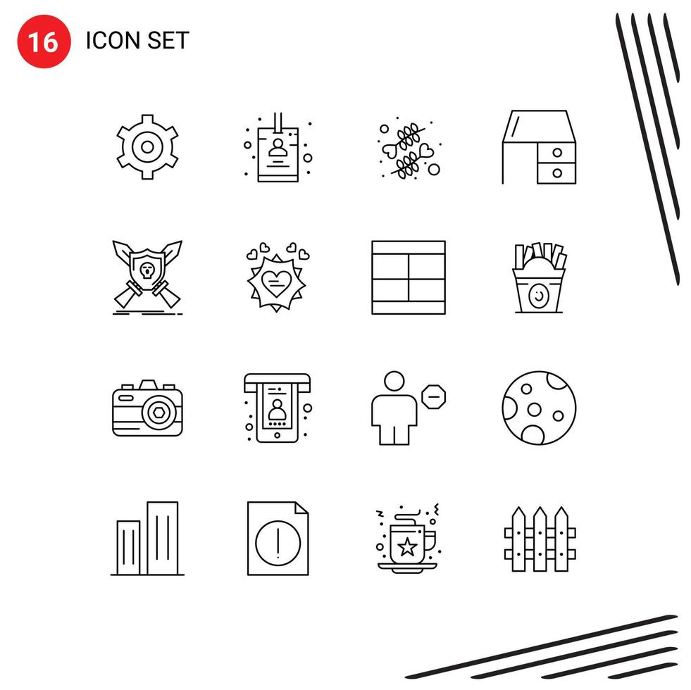 Group of 16 Outlines Signs and Symbols for game badge love office material furniture Editable Vector Design Elements