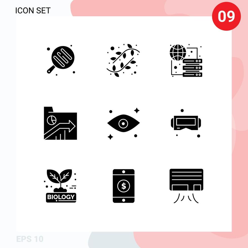 Pack of 9 creative Solid Glyphs of eyes report global graph data Editable Vector Design Elements