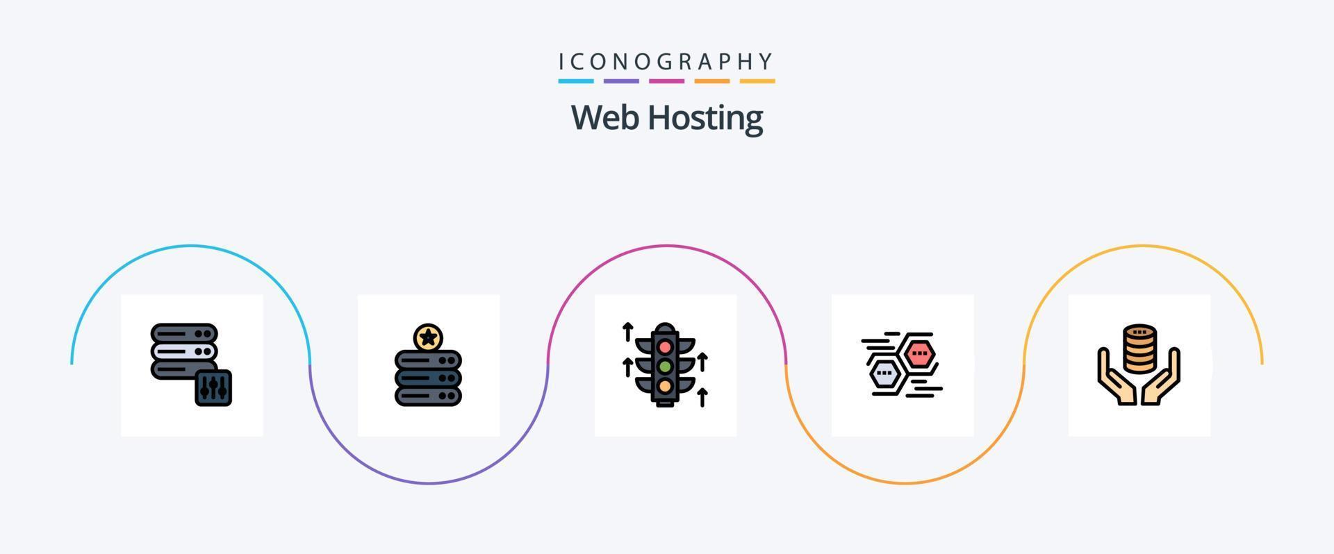 la línea de alojamiento web llenó el paquete de iconos planos 5 que incluye caja fuerte. base de datos. ligero. digital. datos vector