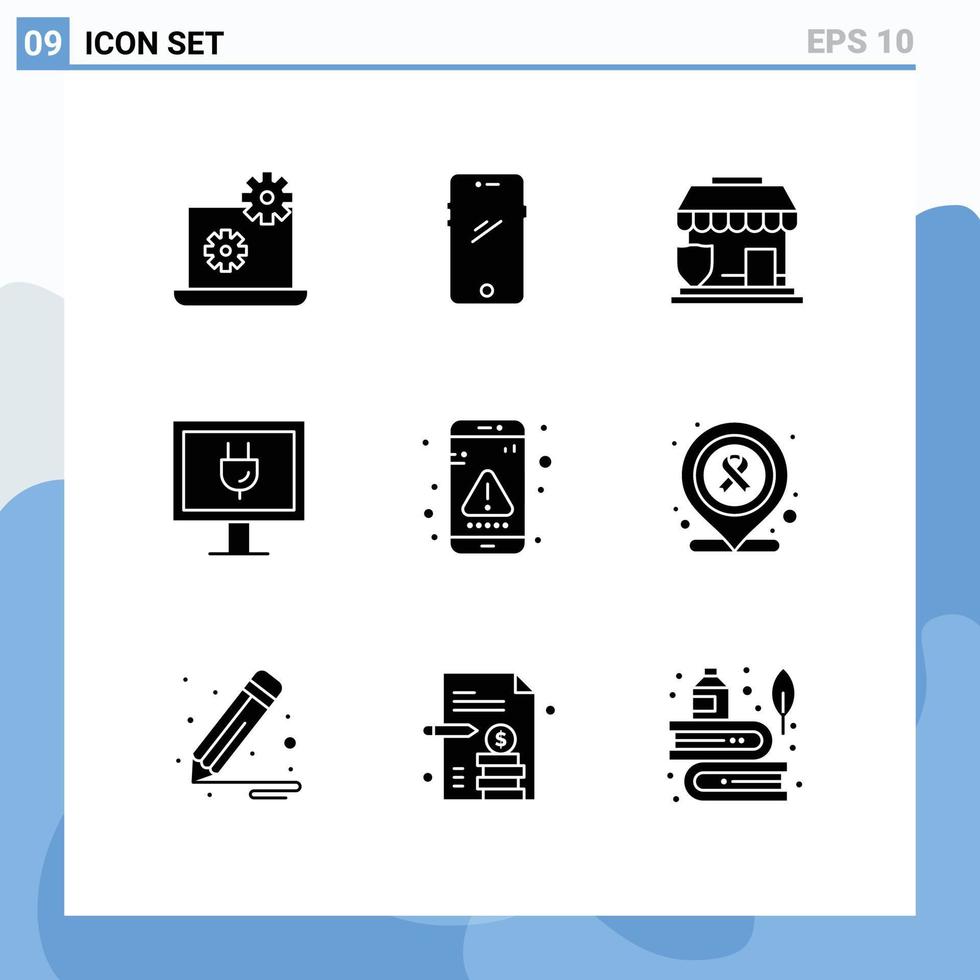 conjunto moderno de 9 glifos y símbolos sólidos, como aplicaciones de interacción, seguros, entretenimiento de televisión, elementos de diseño de vectores editables