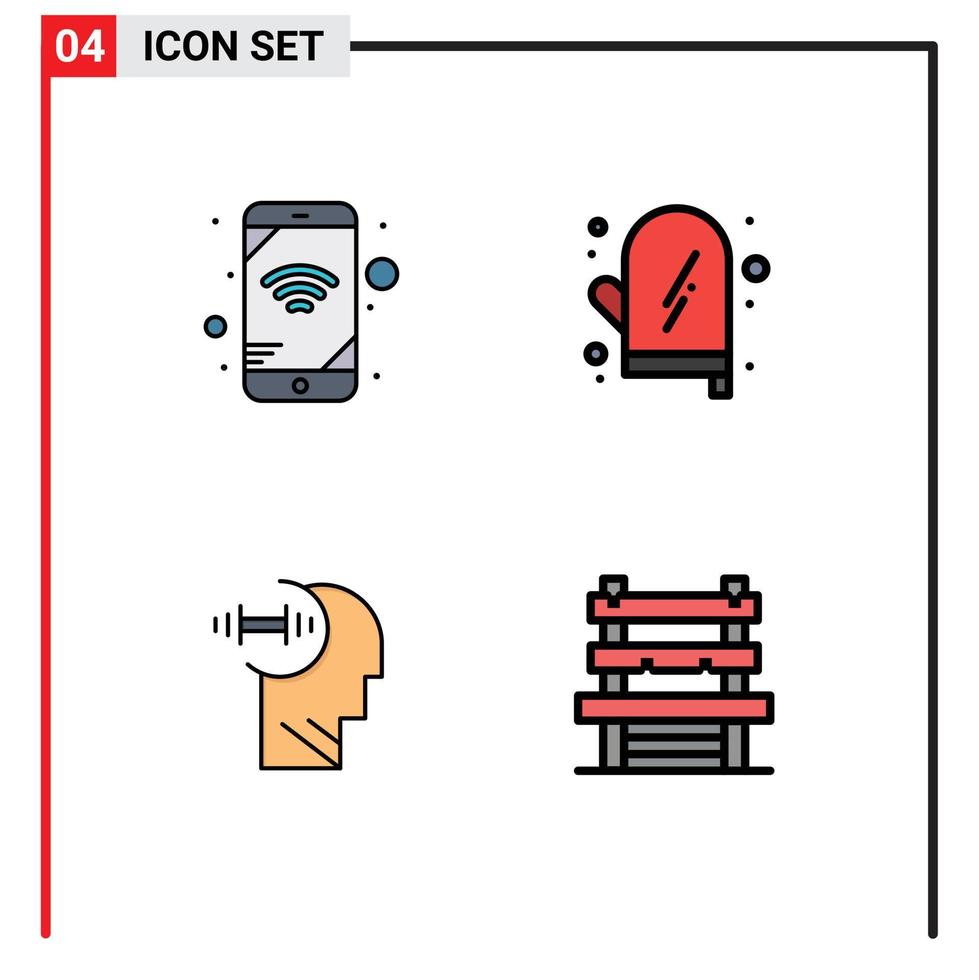 paquete de 4 signos y símbolos modernos de colores planos de línea rellena para medios de impresión web, como elementos de diseño de vectores editables de silla de cocina de cocina daubbell móvil