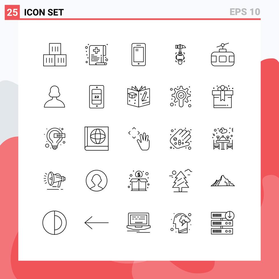 conjunto de línea de interfaz móvil de 25 pictogramas de elementos de diseño de vector editables de martillo de documento de bloqueo de herramienta huawei
