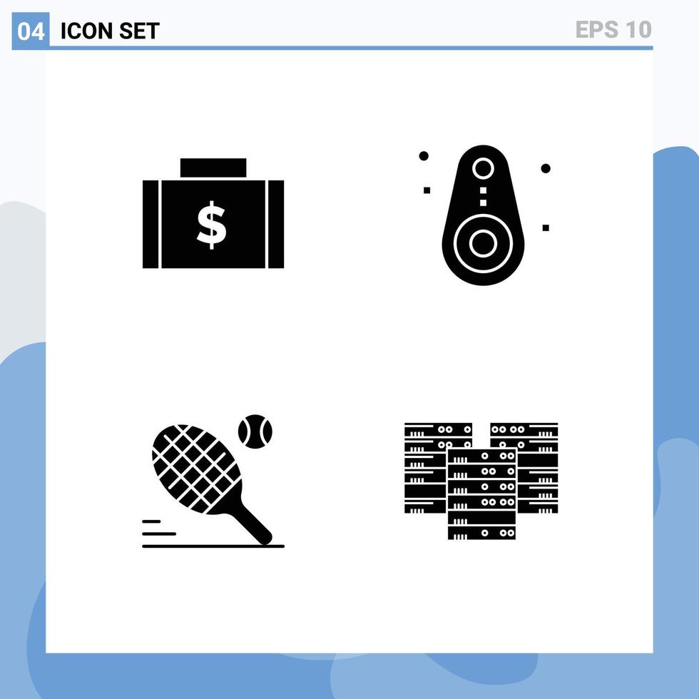 4 Thematic Vector Solid Glyphs and Editable Symbols of bag tennis money devices racket Editable Vector Design Elements