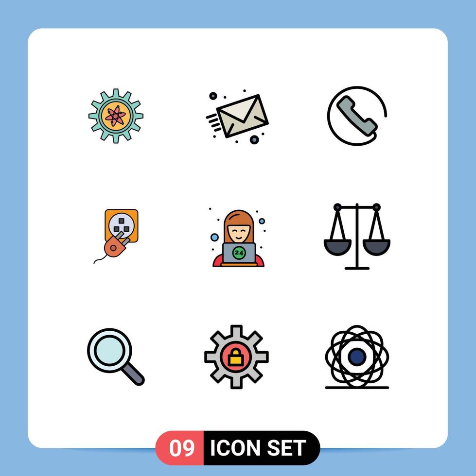 Pack of 9 Modern Filledline Flat Colors Signs and Symbols for Web Print Media such as support charge answer cord electric Editable Vector Design Elements