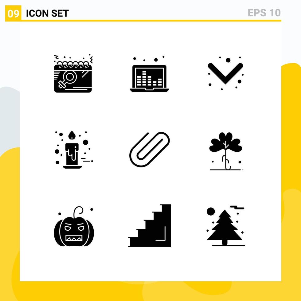 Solid Glyph Pack of 9 Universal Symbols of attachment gift sound waves decoration candle Editable Vector Design Elements