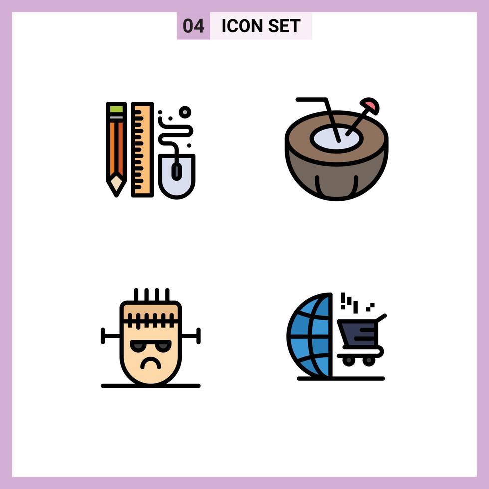 Set of 4 Modern UI Icons Symbols Signs for drawing frankenstein pencil coconut drink halloween Editable Vector Design Elements