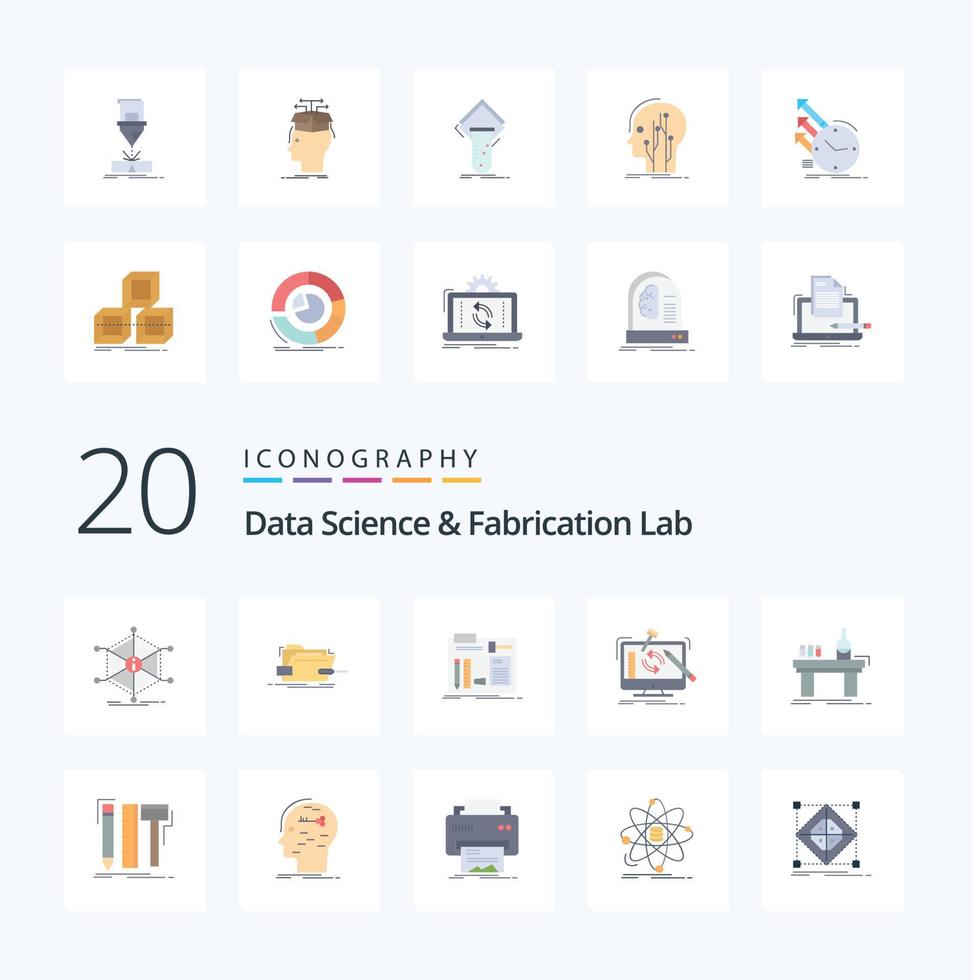 20 paquete de iconos de color plano de laboratorio de fabricación y ciencia de datos como herramientas taller de tecnología de ingeniería bricolaje vector