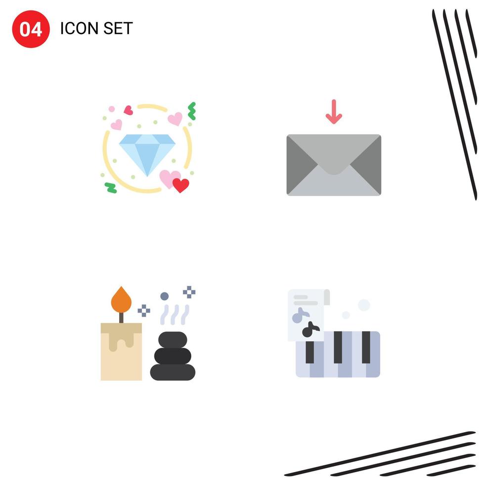 Mobile Interface Flat Icon Set of 4 Pictograms of diamond candle wedding receive instrument Editable Vector Design Elements