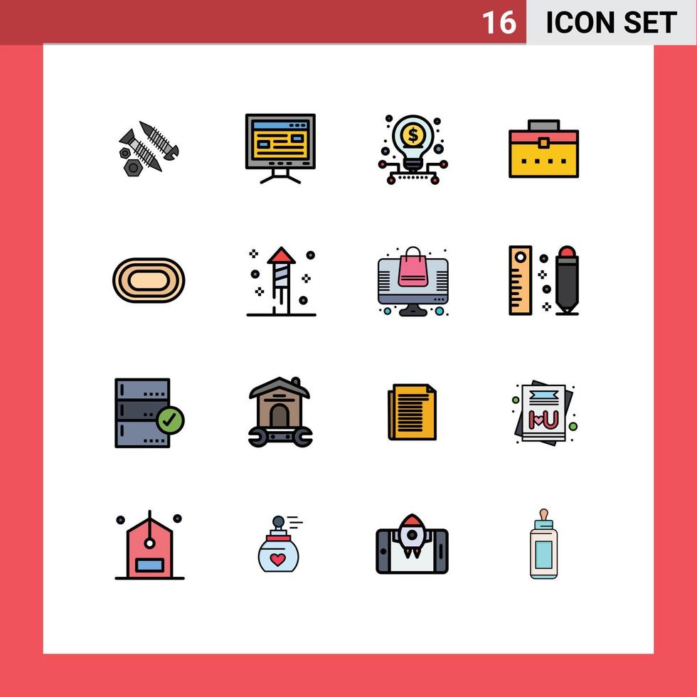 Modern Set of 16 Flat Color Filled Lines Pictograph of athlete user education worker bag stock Editable Creative Vector Design Elements