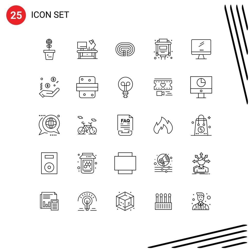 Pack of 25 Modern Lines Signs and Symbols for Web Print Media such as monitor vga business port track Editable Vector Design Elements