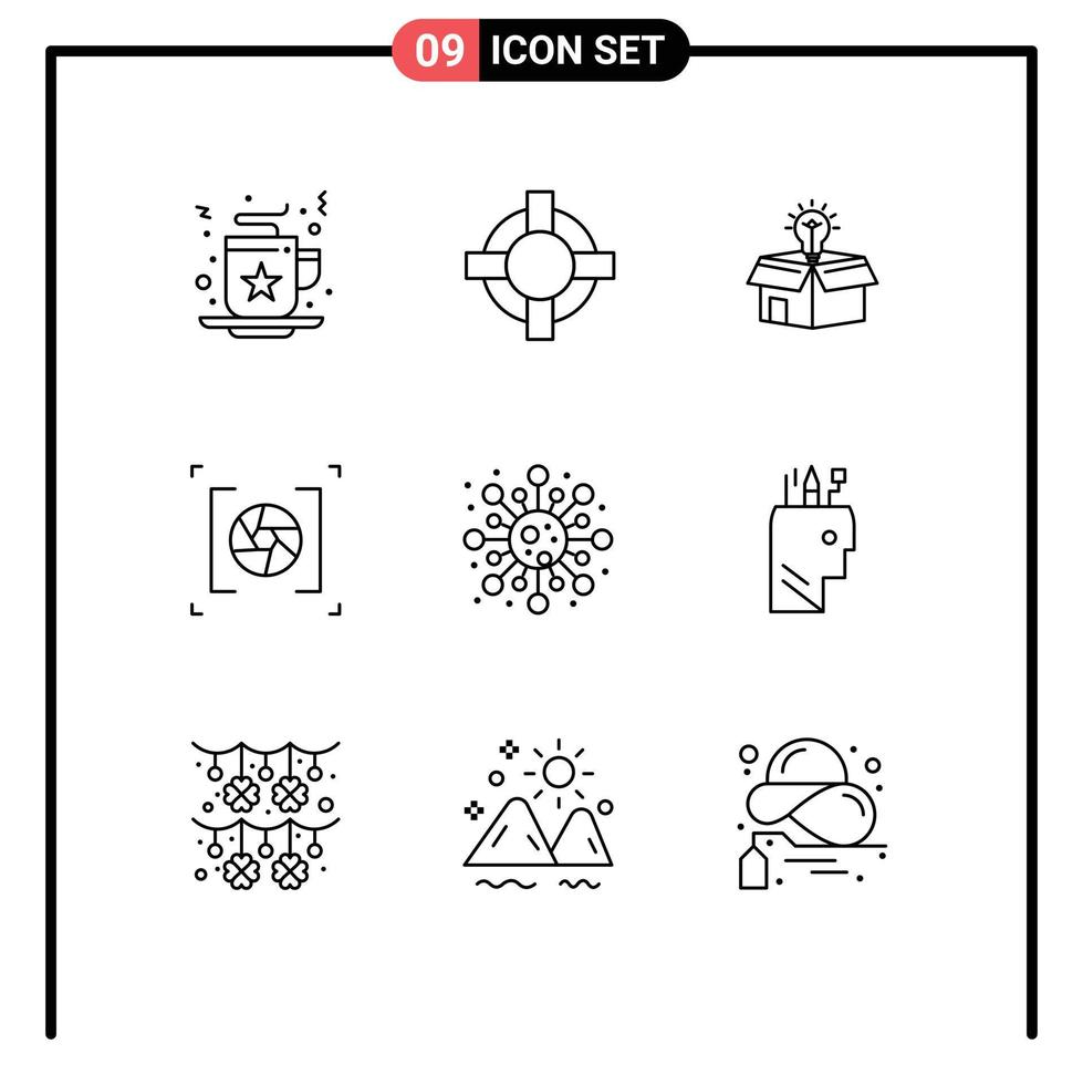 User Interface Pack of 9 Basic Outlines of molecule photography business lens camera Editable Vector Design Elements