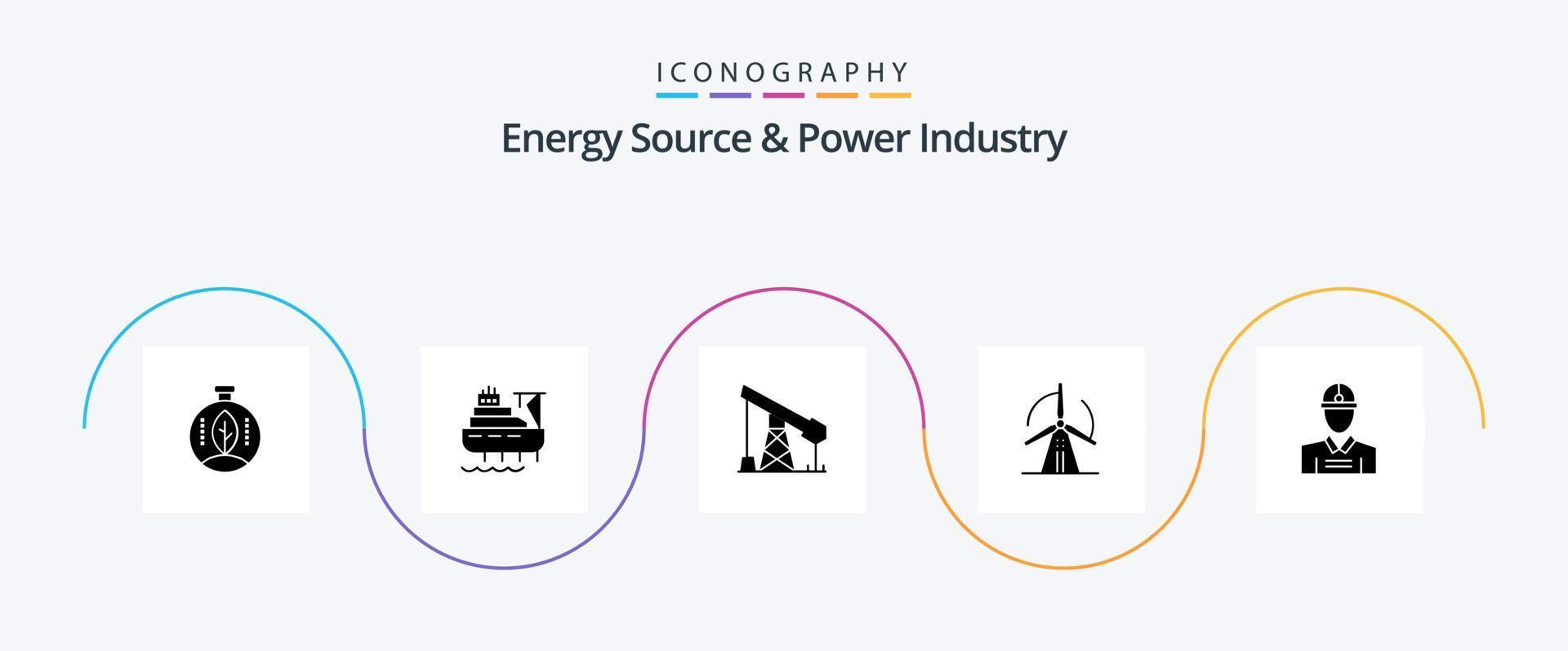 Energy Source And Power Industry Glyph 5 Icon Pack Including engineer. power. construction. energy. turbine vector