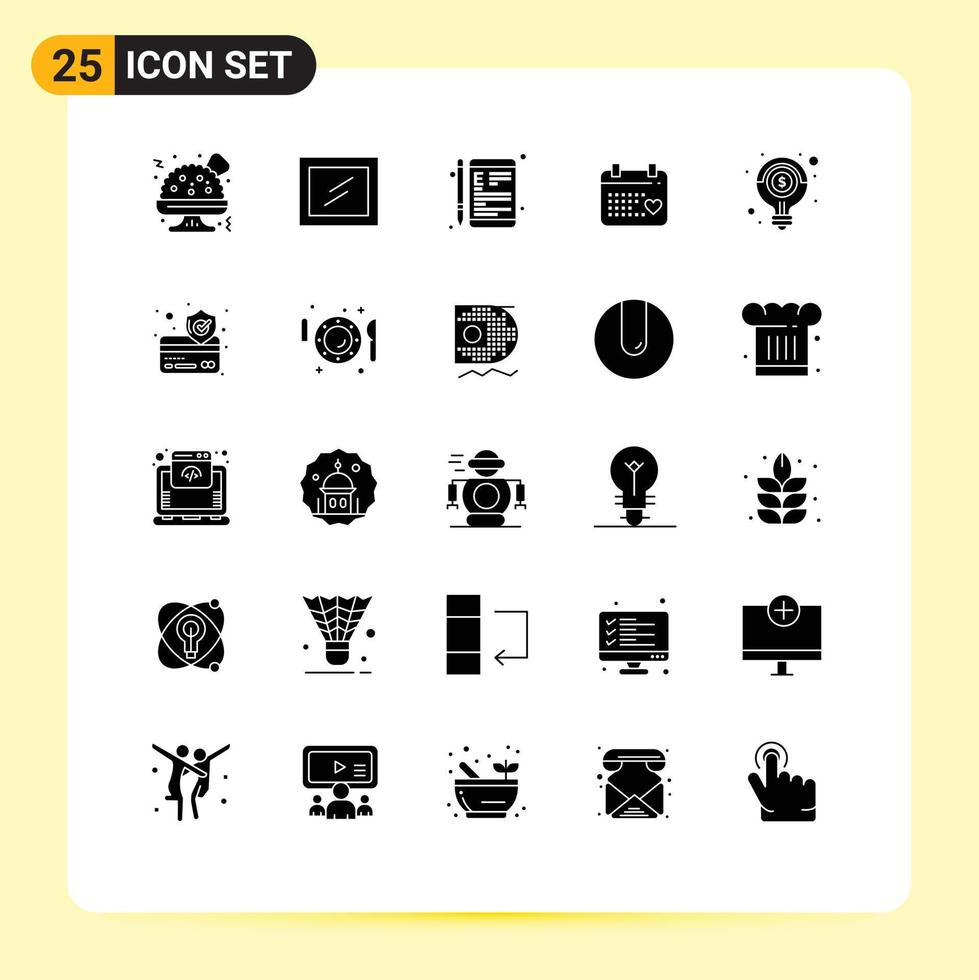 Universal Icon Symbols Group of 25 Modern Solid Glyphs of money light education idea love Editable Vector Design Elements