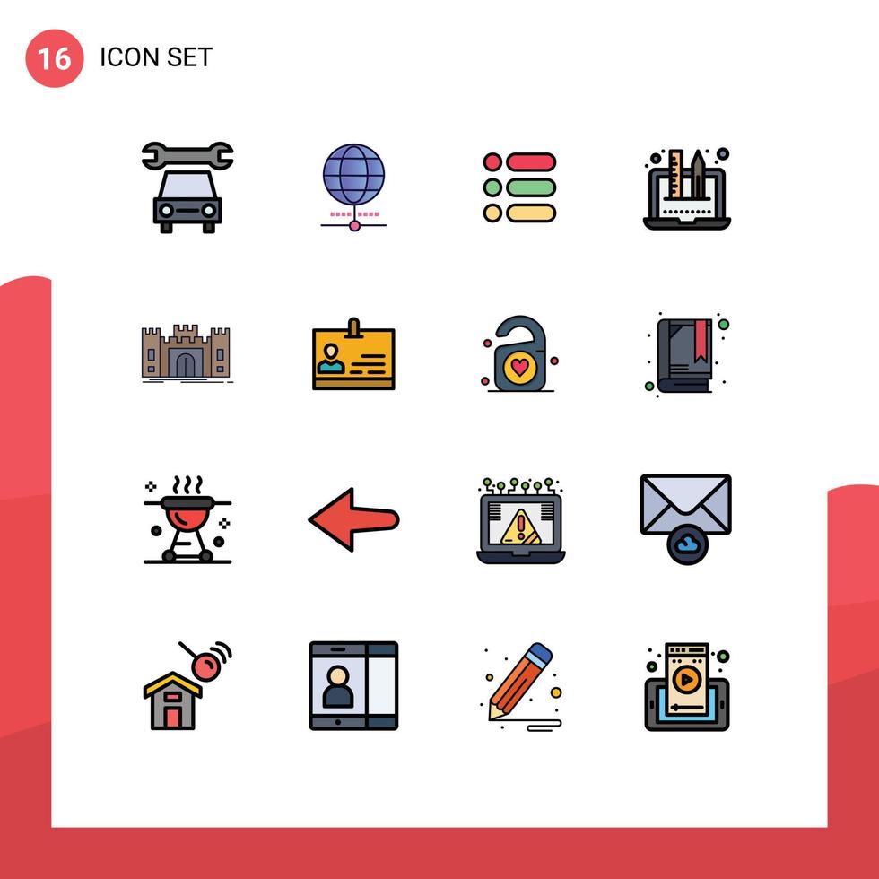 Mobile Interface Flat Color Filled Line Set of 16 Pictograms of fort castle task graphic design Editable Creative Vector Design Elements