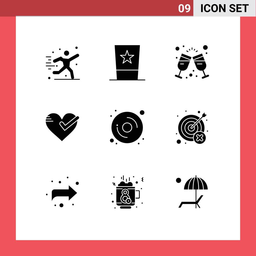 Universal Icon Symbols Group of 9 Modern Solid Glyphs of tick ok top hat love party Editable Vector Design Elements